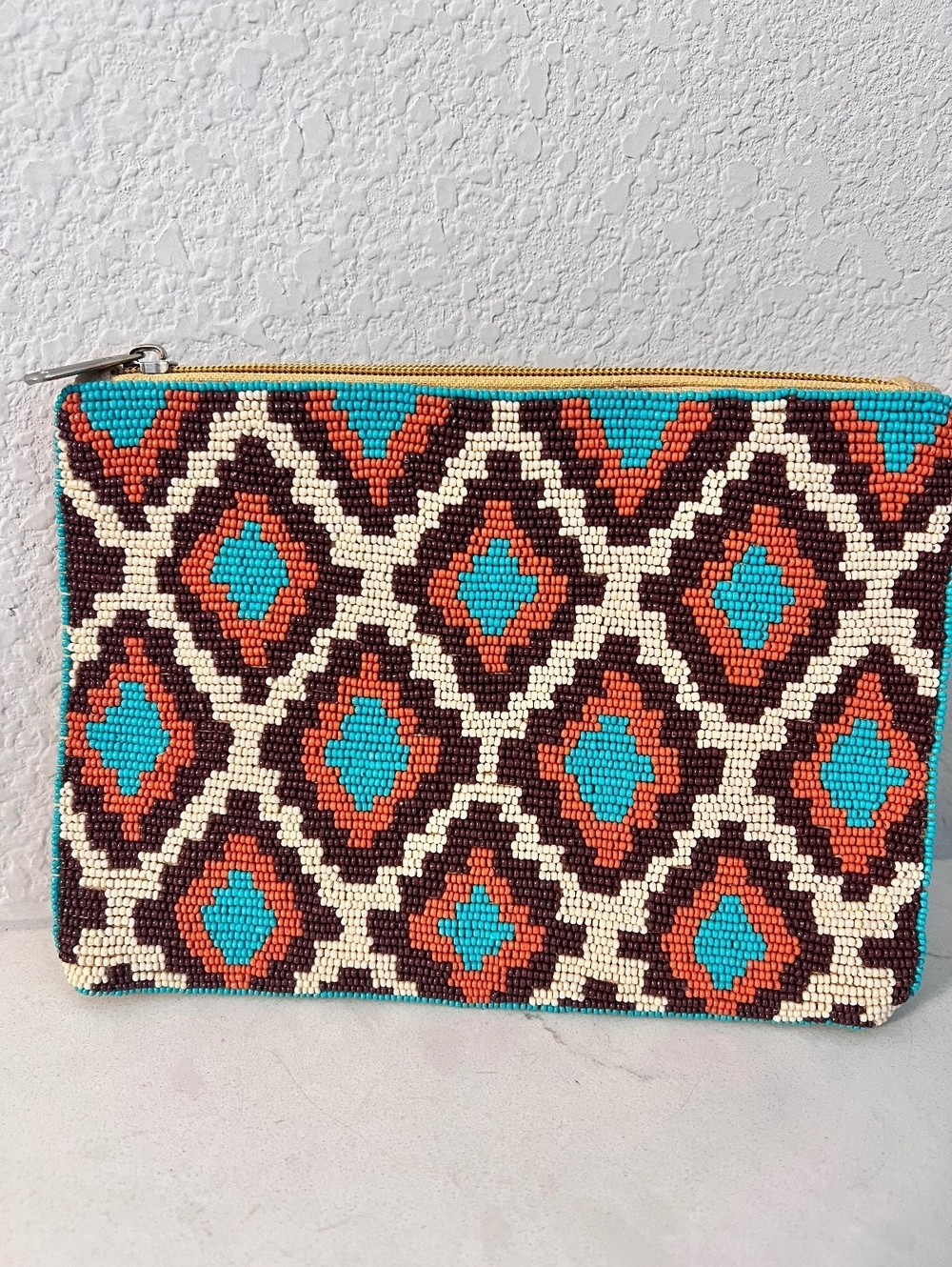 Boho Beaded Geometric Zip Pouch Clutch – Turquoise, Coral & Cream